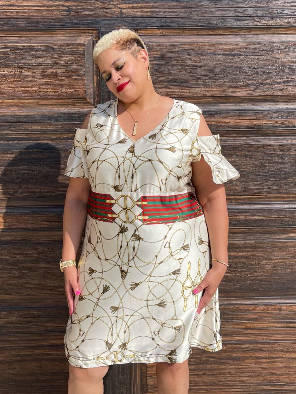 Plus Size Ivory Gold Chain Print Cold Shoulder Dress